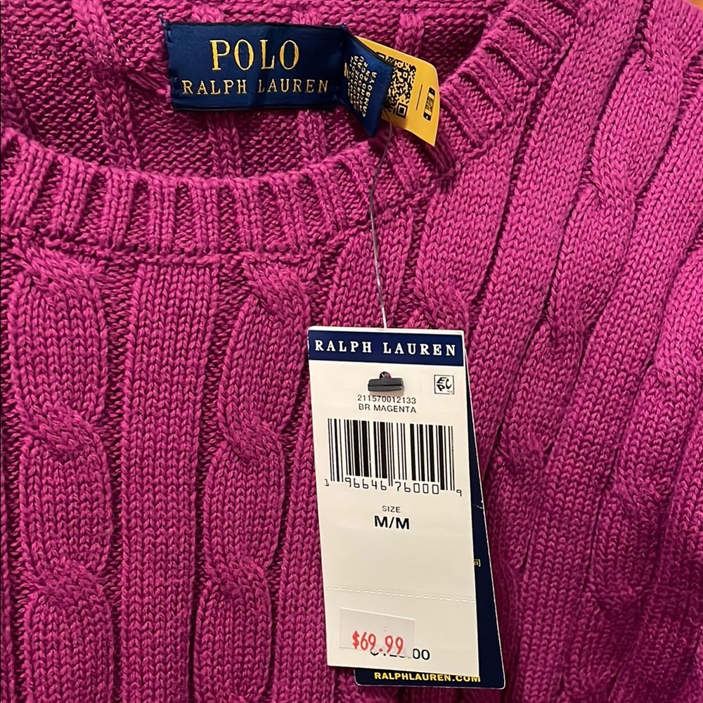 Polo by Ralph Lauren Women's Cable Knit Crewneck Sweater — Magenta - Picture 2 of 2